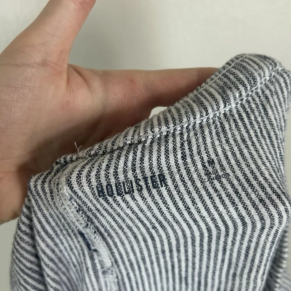 Hollister M Beach Pants Linen Stripe Blue Mid Rise Wide Leg Drawstring Coastal